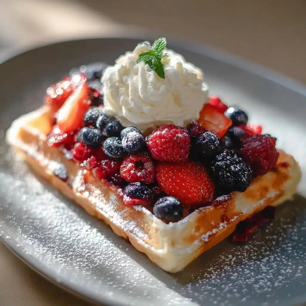 Delicious Belgian waffles topped with fresh berries and whipped cream