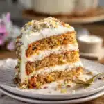 Delicious homemade carrot cake on a white plate with cream cheese frosting.