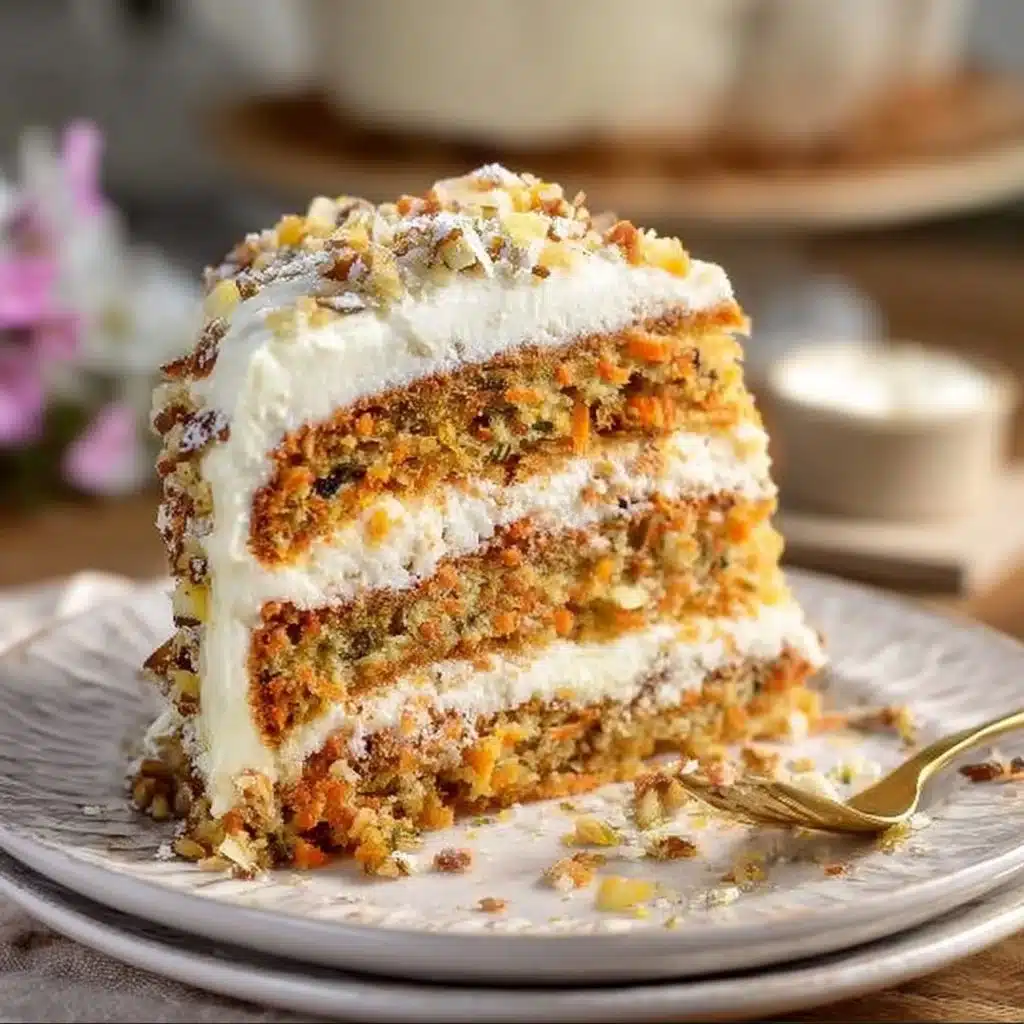 Delicious homemade carrot cake on a white plate with cream cheese frosting.