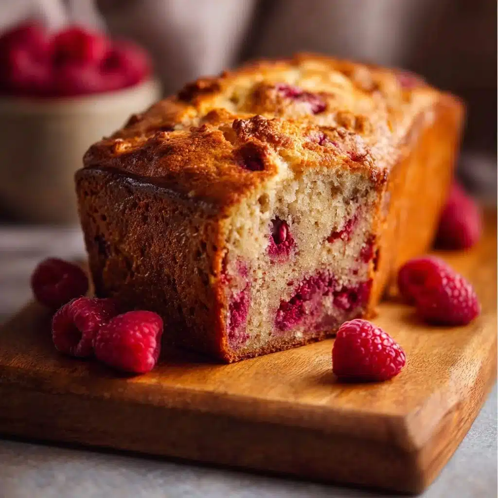 Loaf of delicious homemade raspberry bread with fresh raspberries