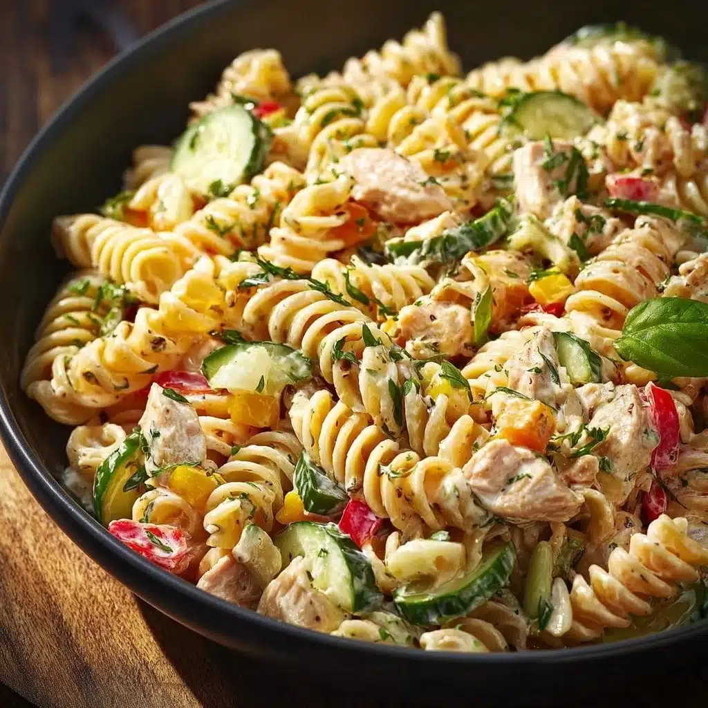 Delicious and colorful best tuna pasta salad served in a bowl