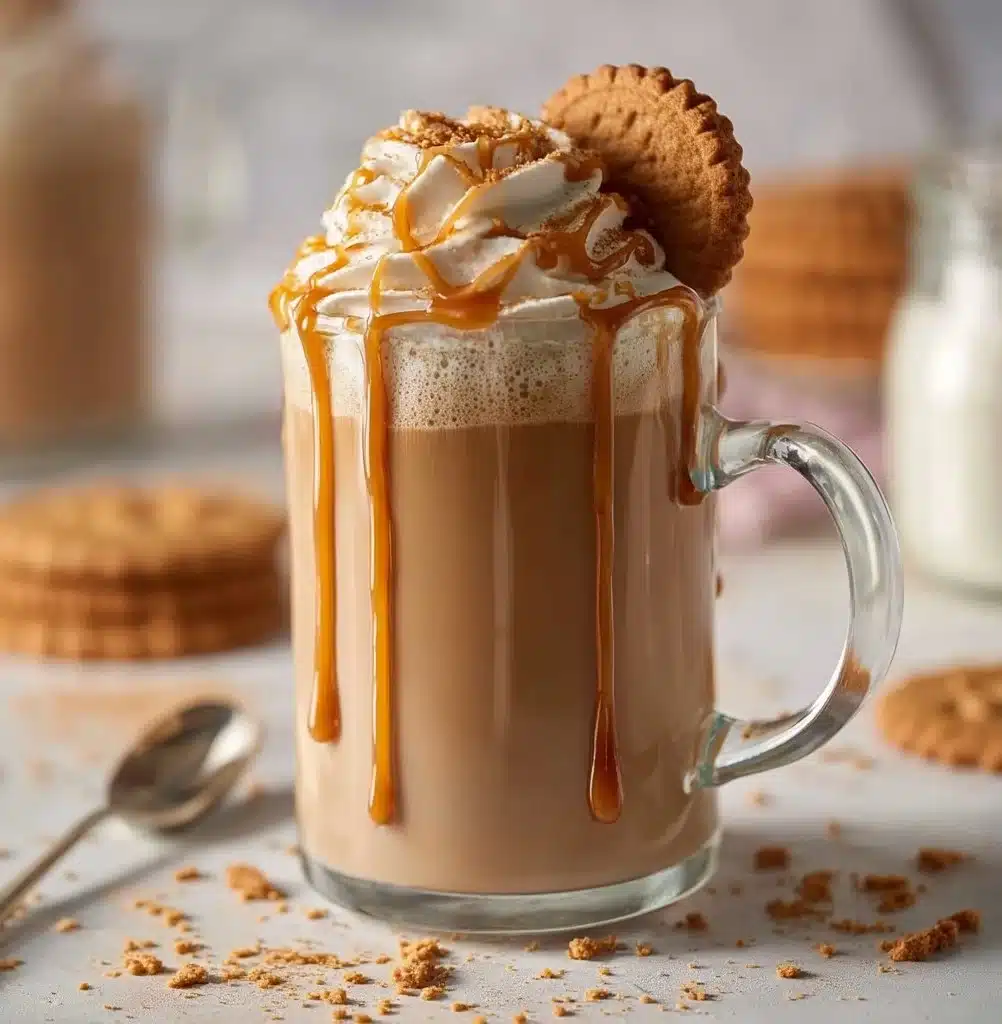 Biscoff cookie butter latte topped with whipped cream and Biscoff crumbs