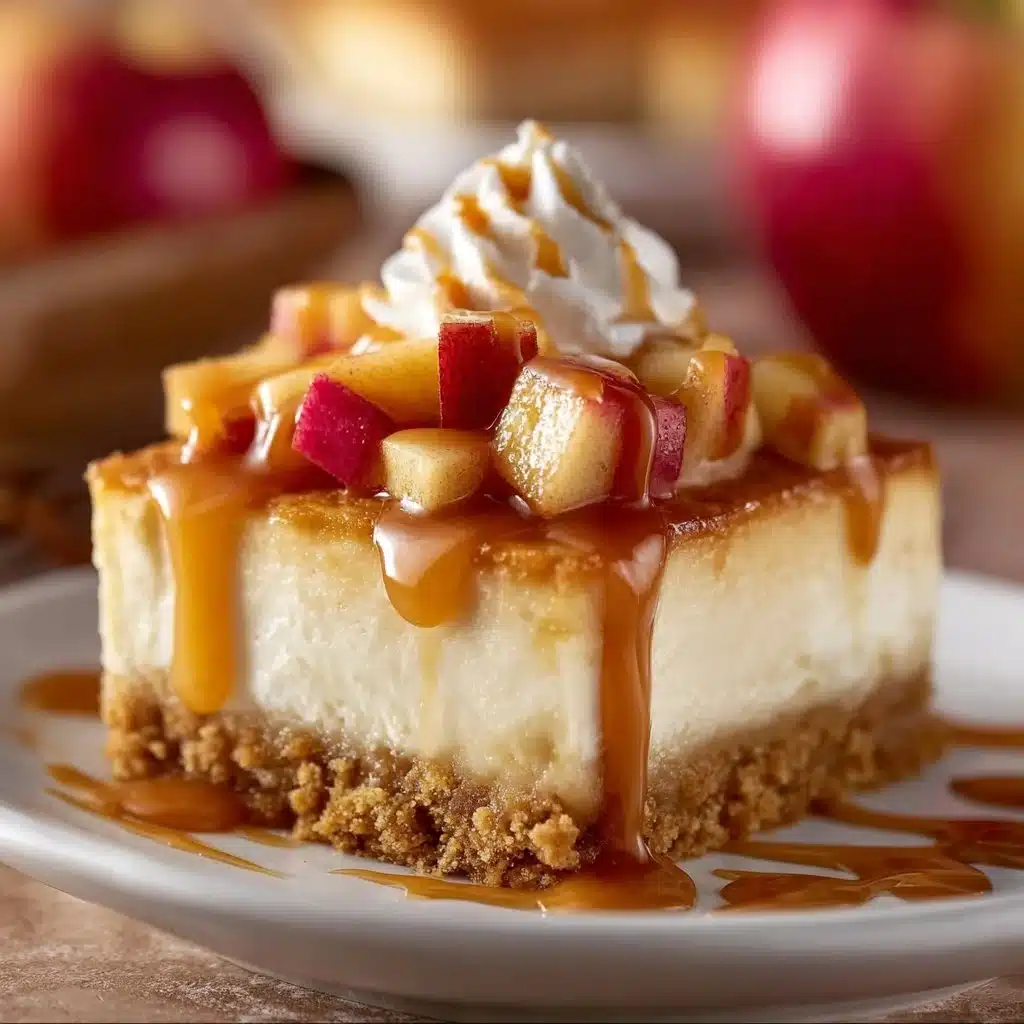 Delicious Caramel Apple Cheesecake topped with caramel and apple slices