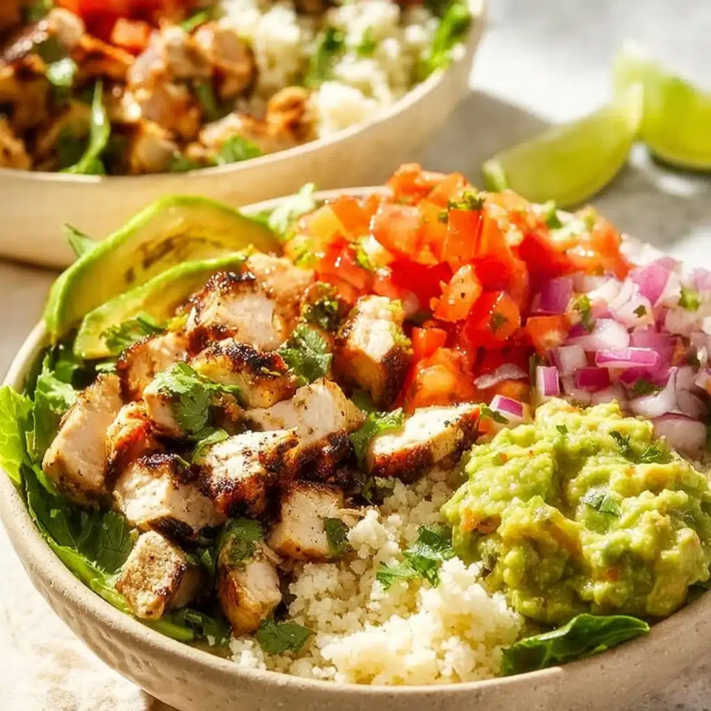 A colorful Chicken Burrito Bowl featuring rice, beans, chicken, and fresh toppings.