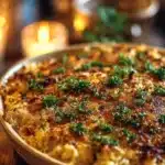 Baked Chicken Rice Casserole topped with cheese and herbs