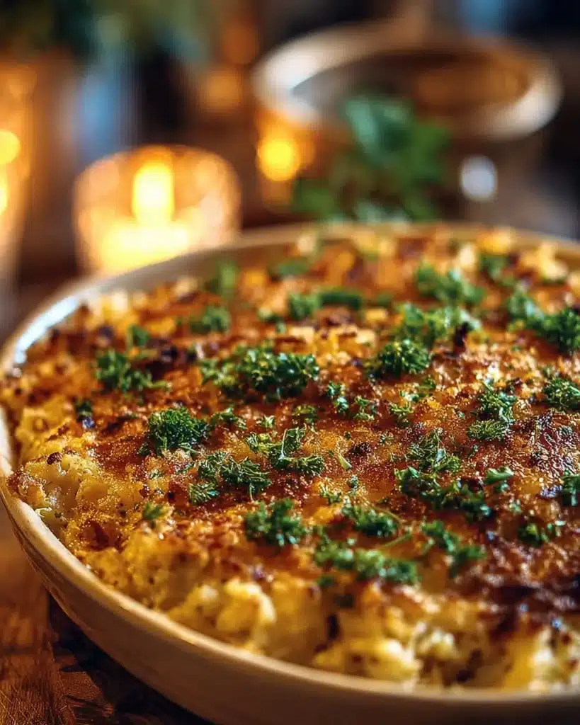 Baked Chicken Rice Casserole topped with cheese and herbs