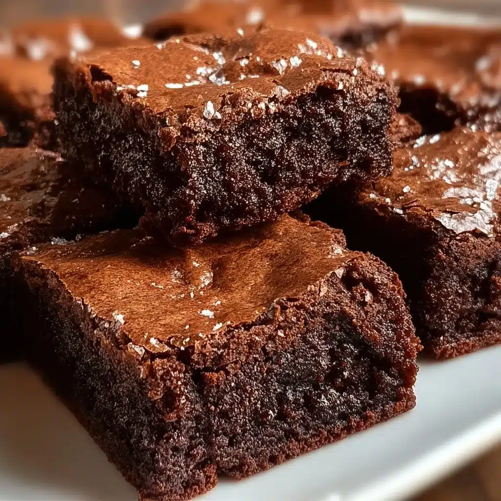 Decadent classic brownies served on a rustic wooden table.