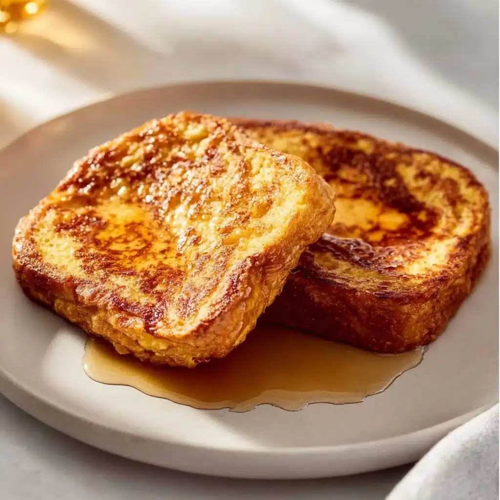 Deliciously golden brown classic French toast served with maple syrup.