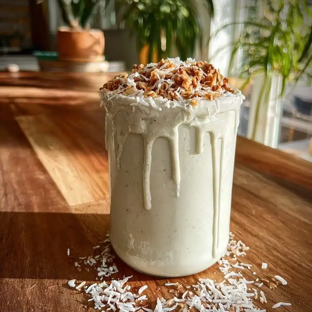 Coconut cream pie smoothie topped with whipped cream and coconut flakes