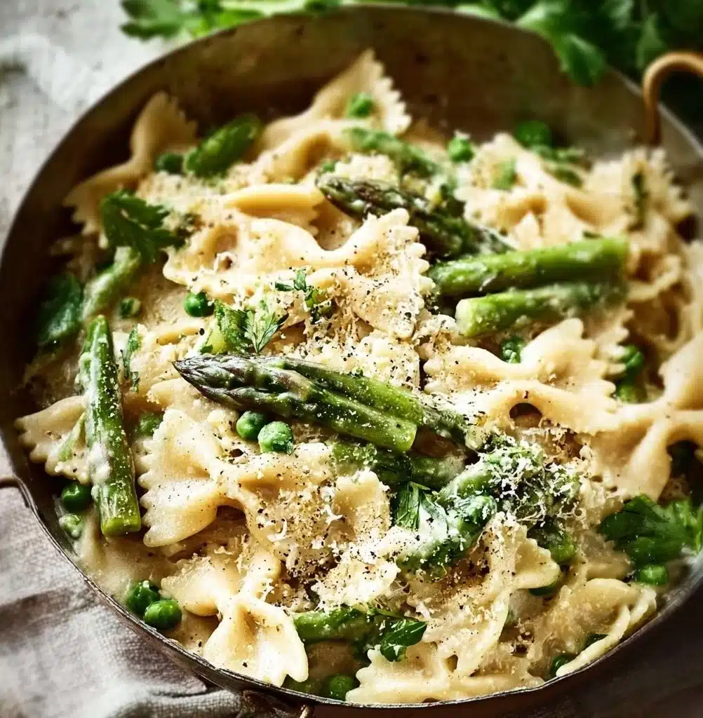 Delicious creamy asparagus pasta served in a bowl with fresh herbs