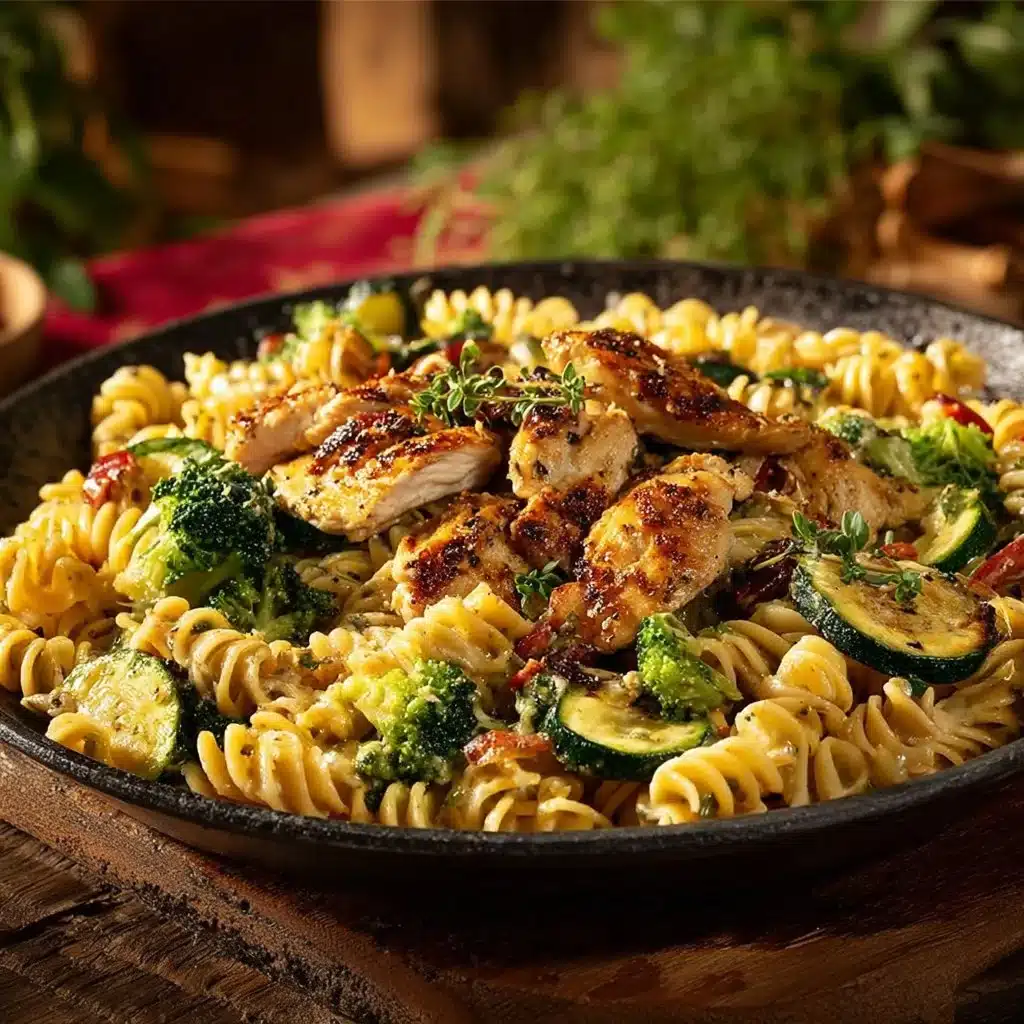 Creamy chicken pasta primavera with fresh vegetables in a bowl.