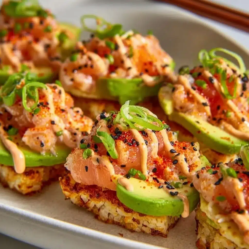 Plate of crispy rice topped with fresh salmon and garnishes