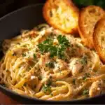 Creamy Crockpot Chicken Alfredo served with parsley garnish