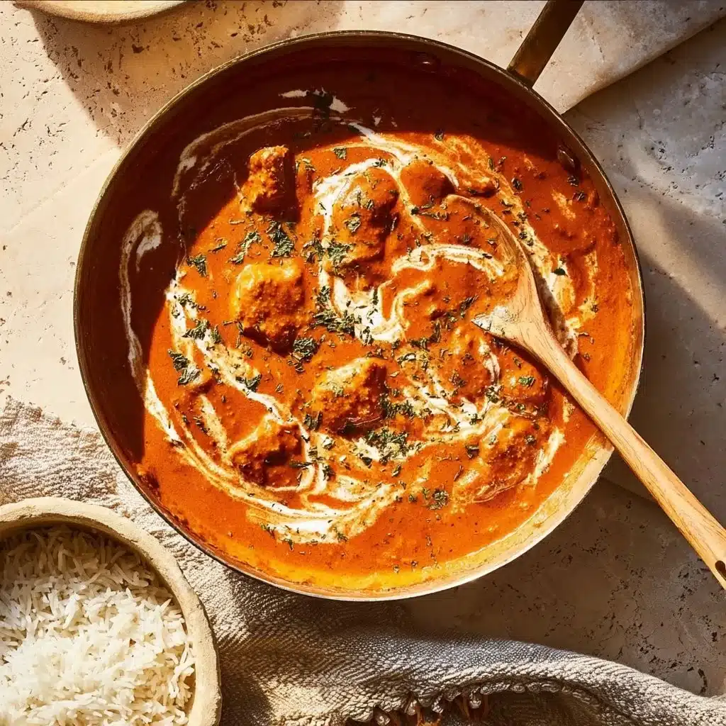 Dish of dairy free butter chicken served with rice and herbs