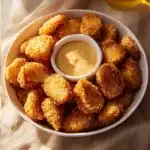 Plate of homemade chicken nuggets served with dipping sauce