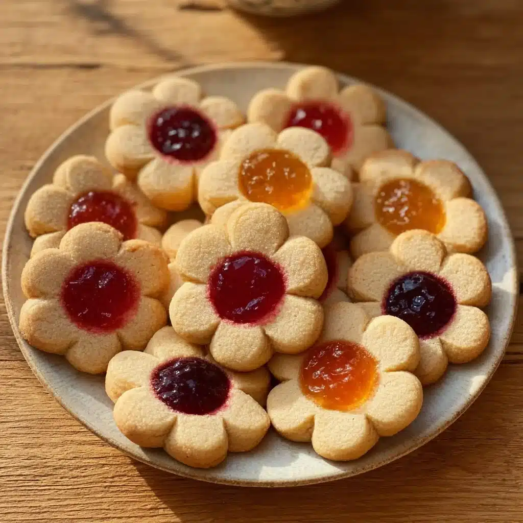 Flower Jam Thumbprint Cookies filled with colorful floral jam desserts