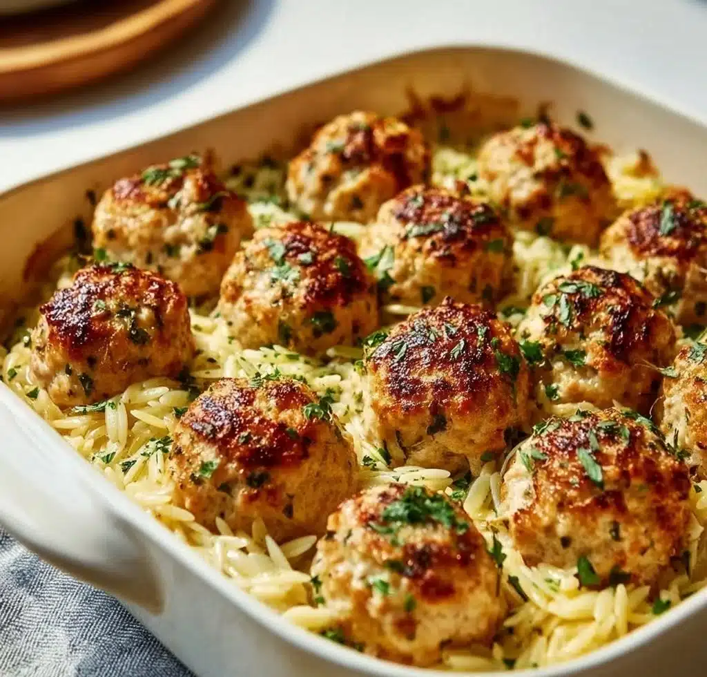 Plate of Greek chicken meatballs with lemon orzo garnished with herbs