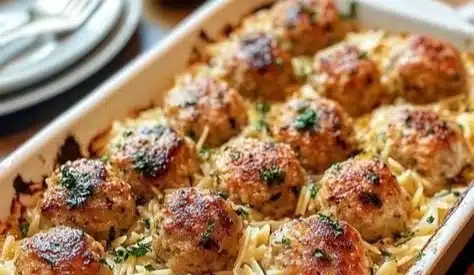 Greek Chicken Meatballs with Lemon Orzo