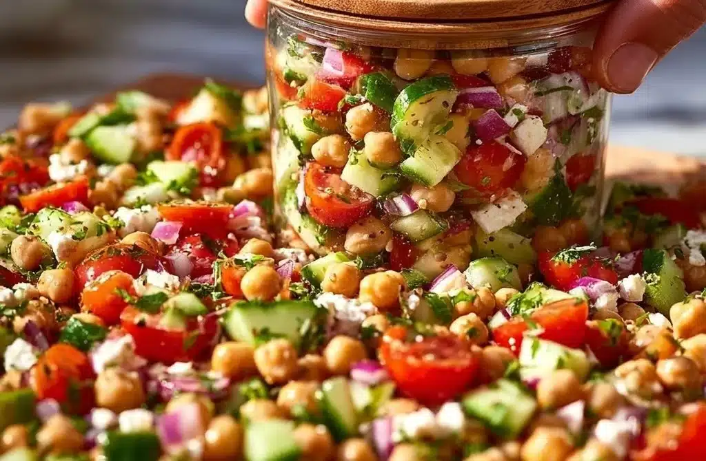 Healthy Greek Chickpea Salad with fresh vegetables and feta cheese.