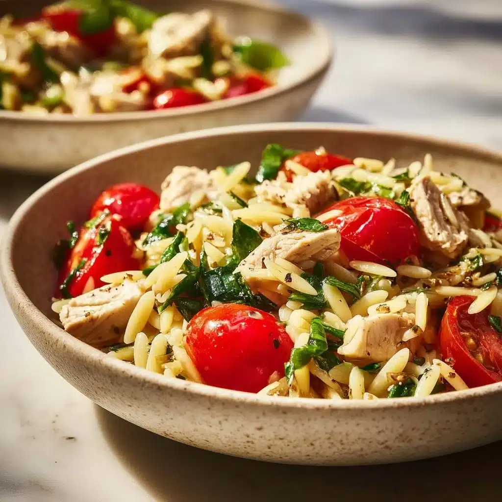 Plate of Greek Lemon Chicken served with orzo pasta and lemon garnish.
