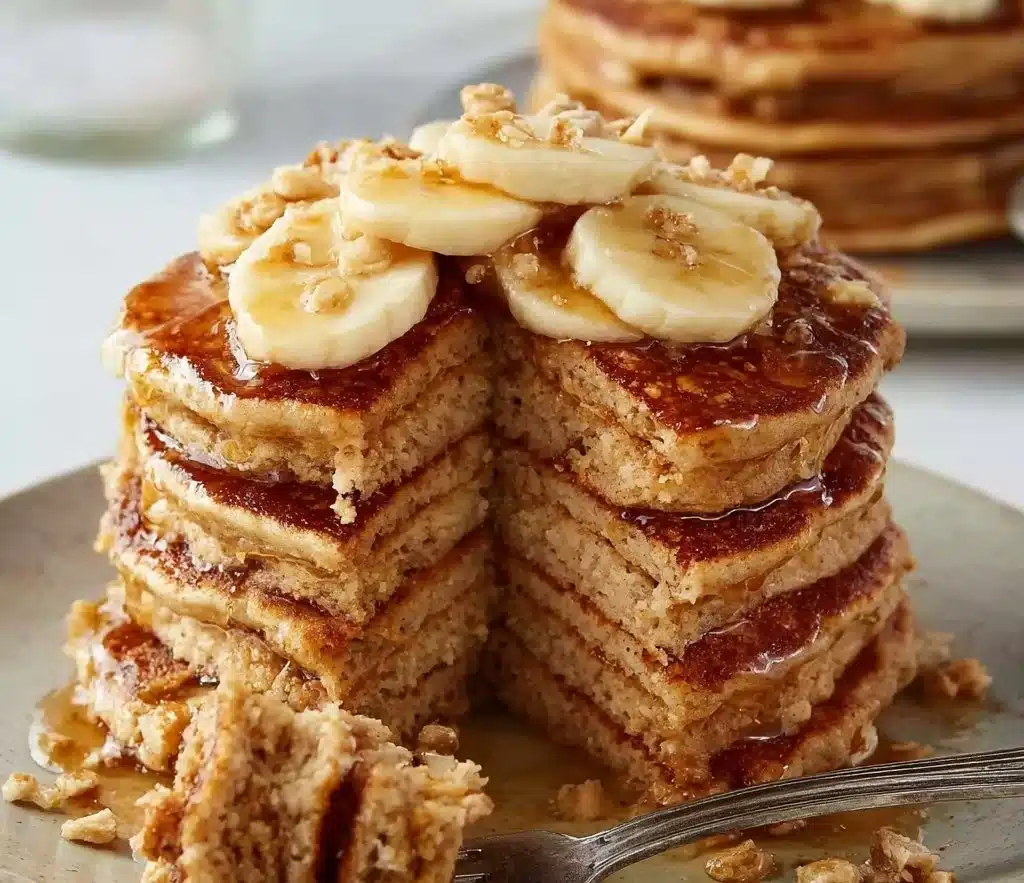 Delicious healthy banana oatmeal pancakes stacked on a plate with fresh fruit
