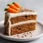 Delicious healthy carrot cake topped with cream cheese frosting and walnuts.