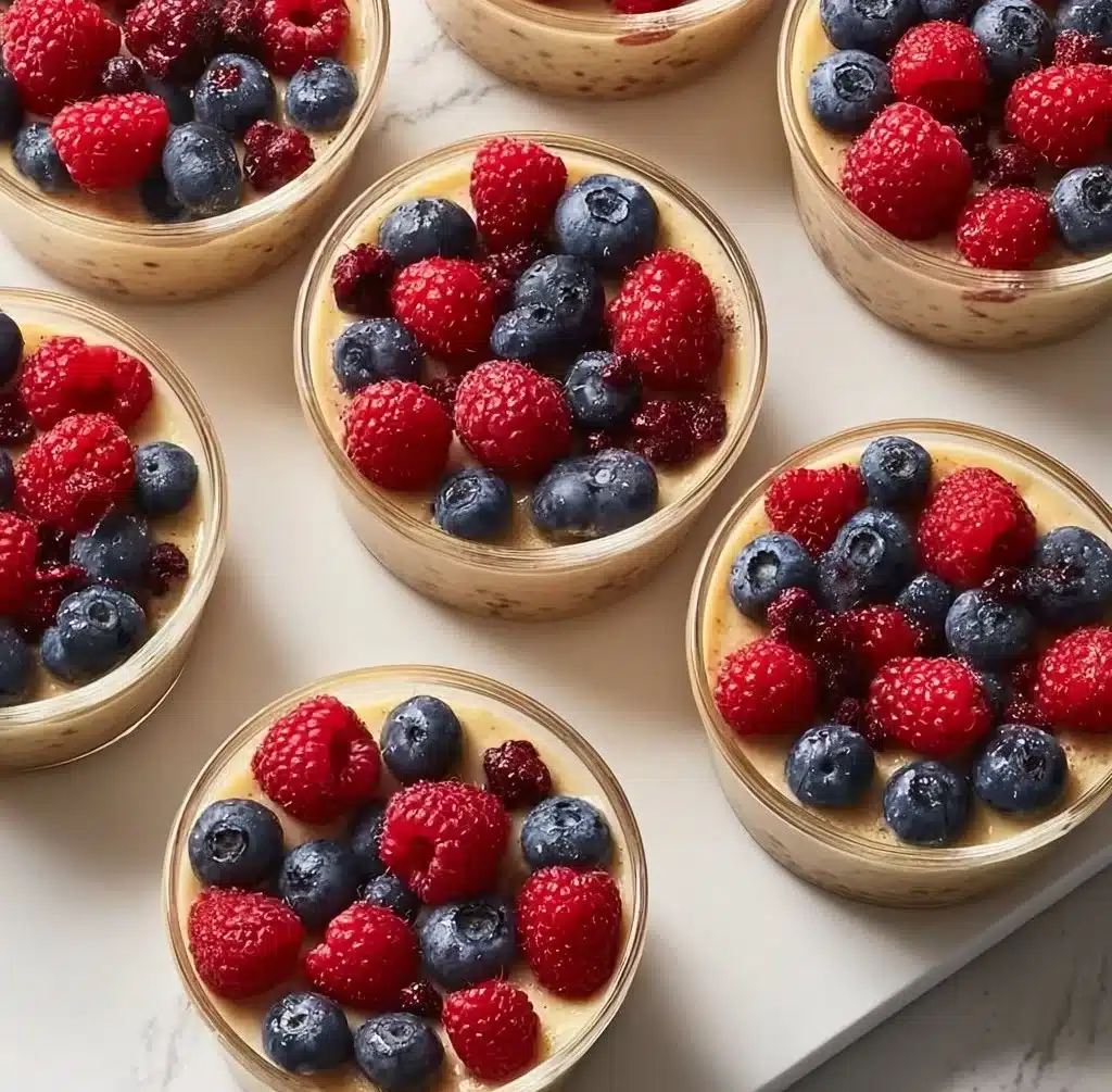 High protein pancake bowls served in a colorful meal prep container