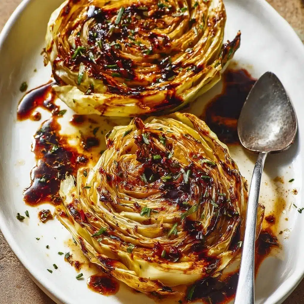 Honey balsamic pan-seared cabbage steaks on a plate, garnished and ready to serve.