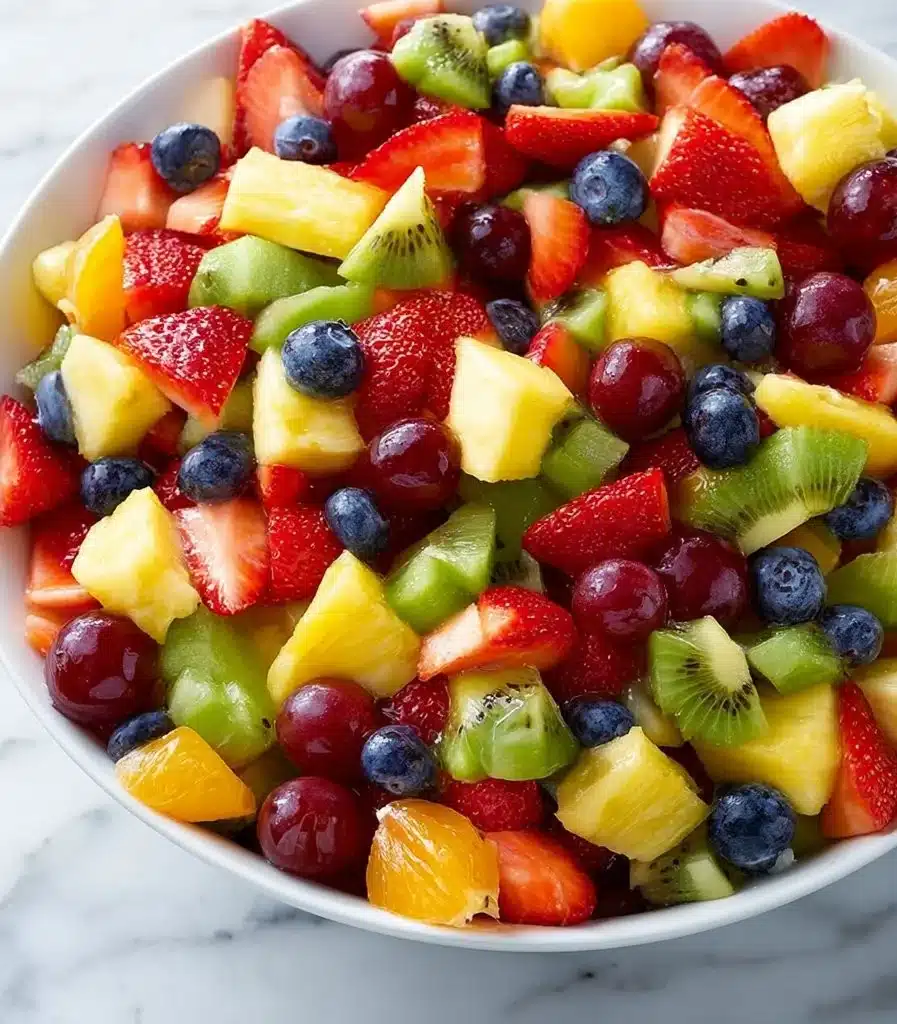 Colorful Honey Lime Rainbow Fruit Salad with fresh fruits