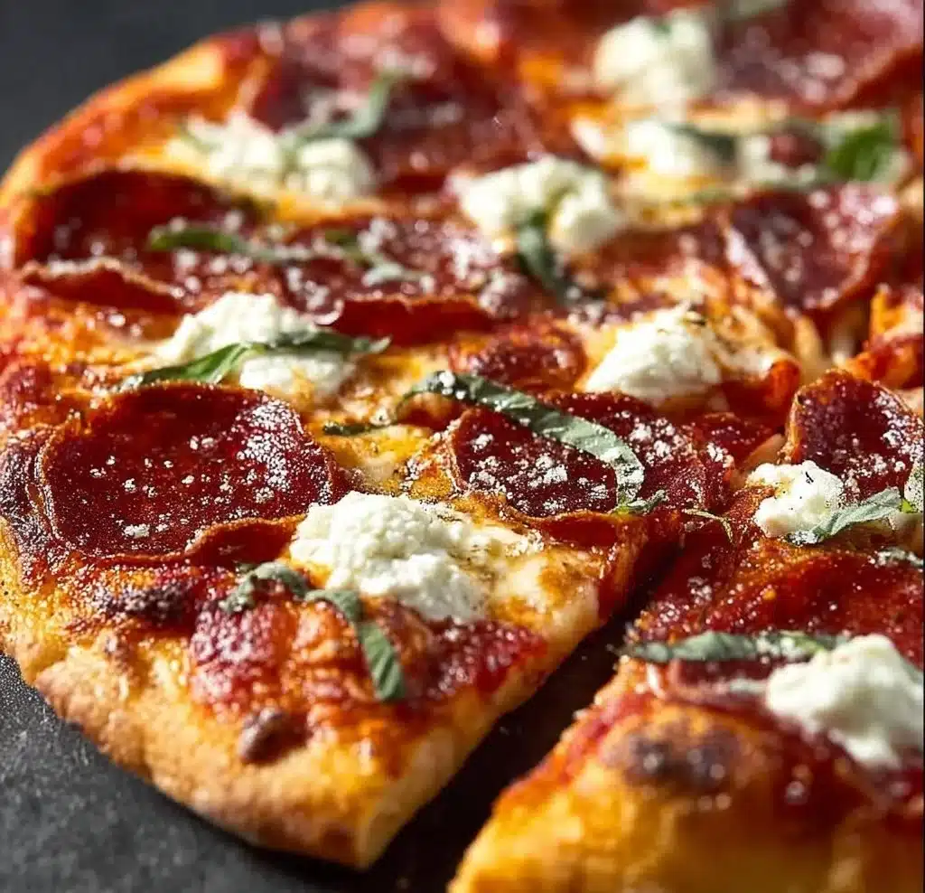 Hot Honey Pepperoni Ricotta Pizza with spicy pepperoni and drizzled honey
