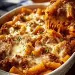 Delicious baked ziti topped with cheese and herbs in a serving dish.