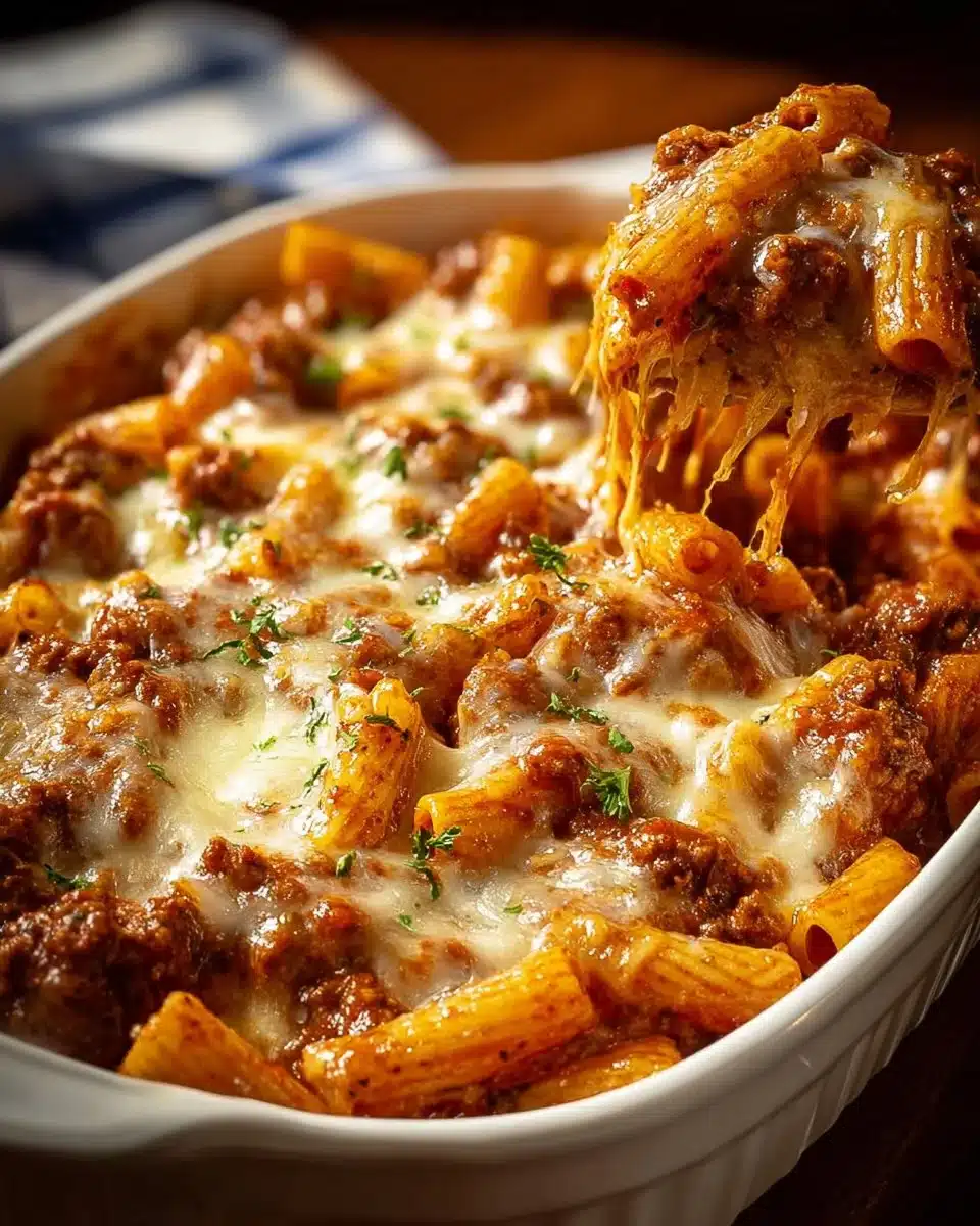 Delicious baked ziti topped with cheese and herbs in a serving dish.