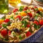 Italian Tuna Pasta Salad with fresh vegetables and dressing