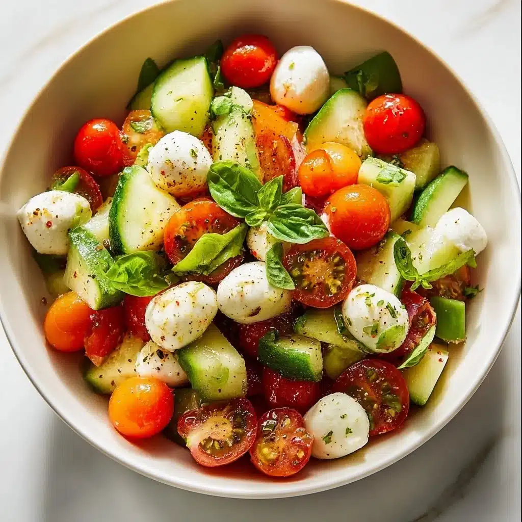 Juicy Cucumber Caprese Salad with fresh tomatoes and mozzarella cheese