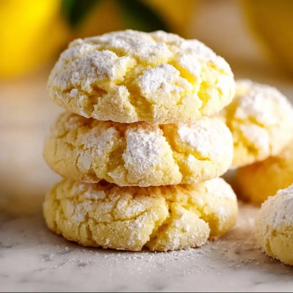 Lemon Crinkle Cookies with a powdered sugar coating and yellow lemon zest