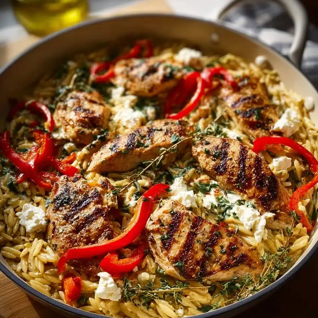 Plate of Lemon-Feta Chicken served with orzo pasta and garnished with herbs