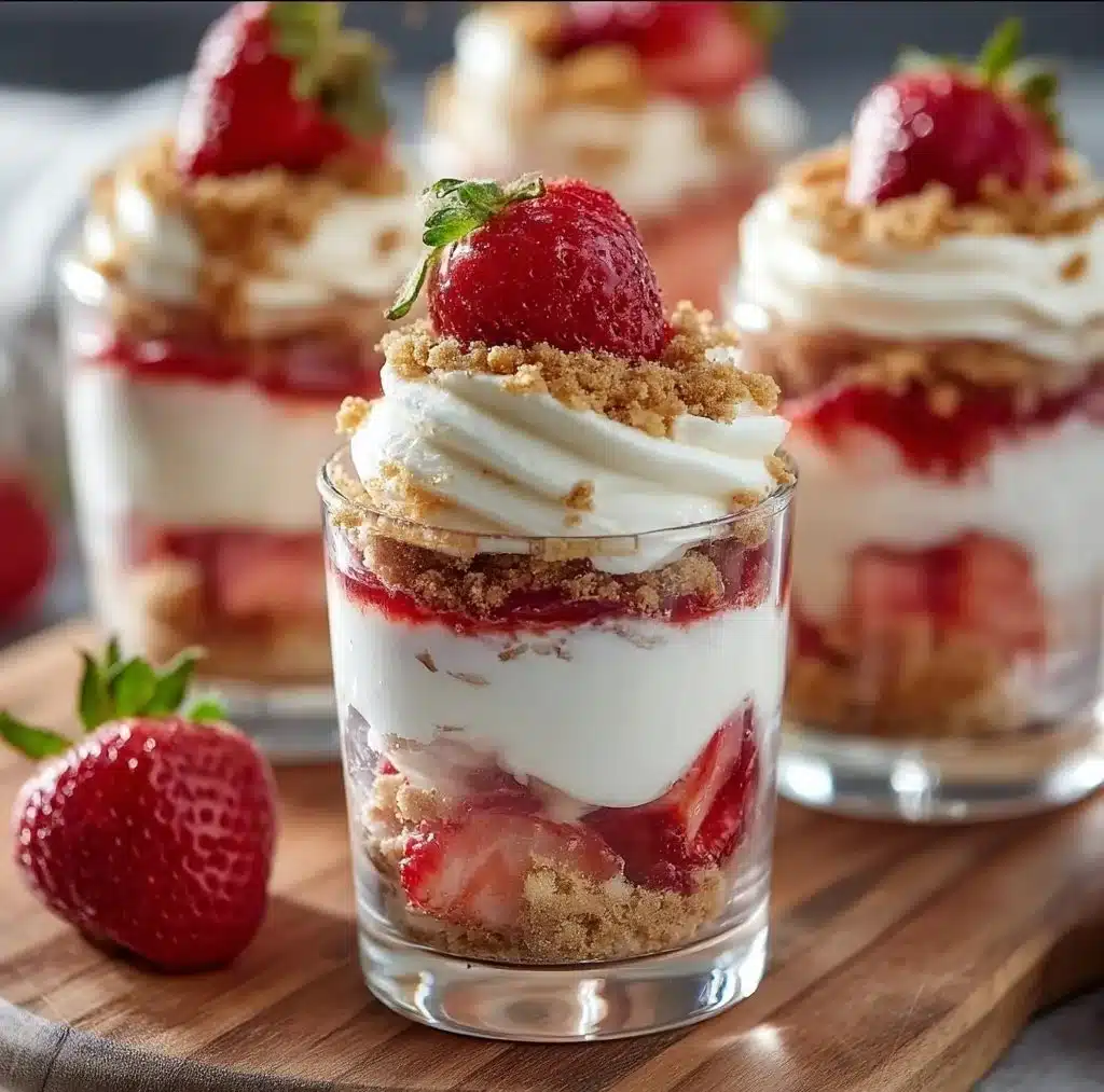 No-bake strawberry cheesecake parfaits garnished with fresh strawberries
