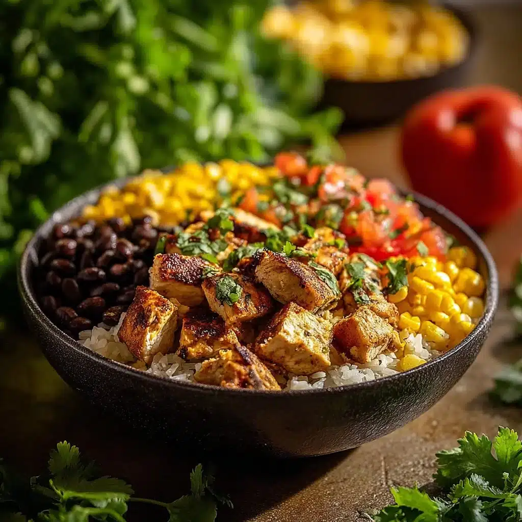 One-Pan Chicken Burrito Bowl with rice, chicken, beans, and fresh toppings
