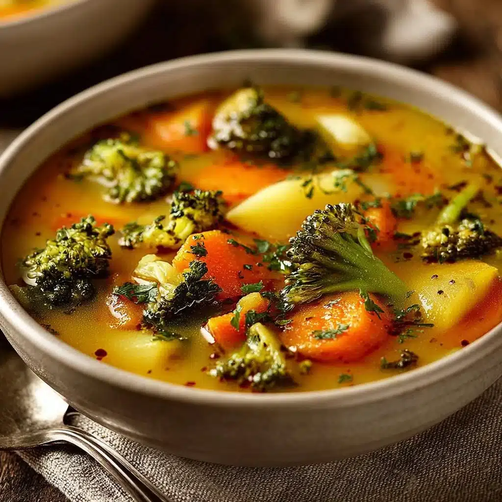 Bowl of One Pot Creamy Vegetable Soup with fresh vegetables and herbs