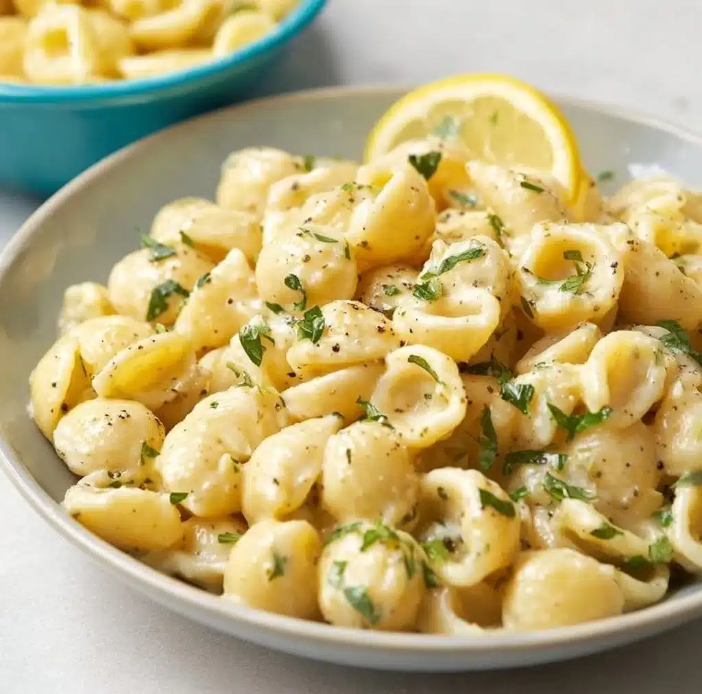 Delicious One Pot Garlic Butter Pasta served in a bowl with herbs
