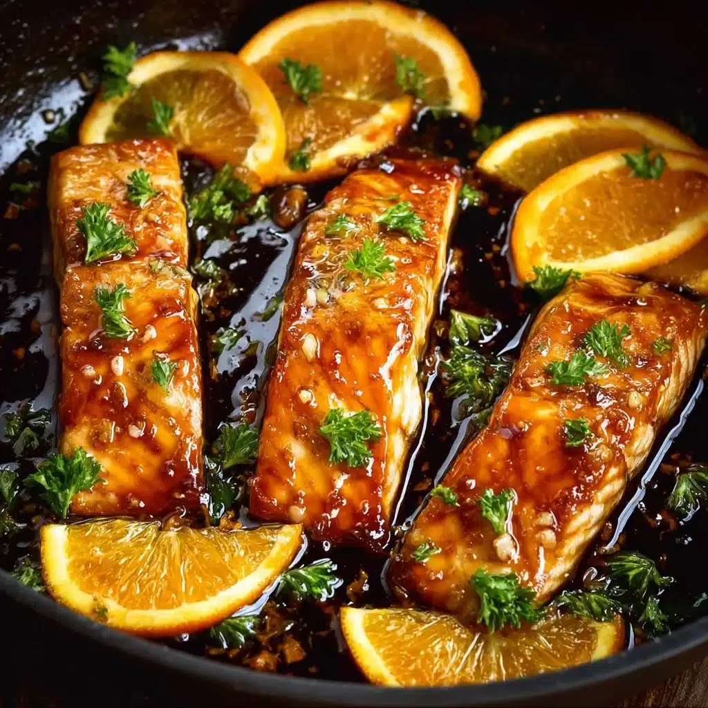 Deliciously cooked Orange Glazed Salmon garnished with orange slices.