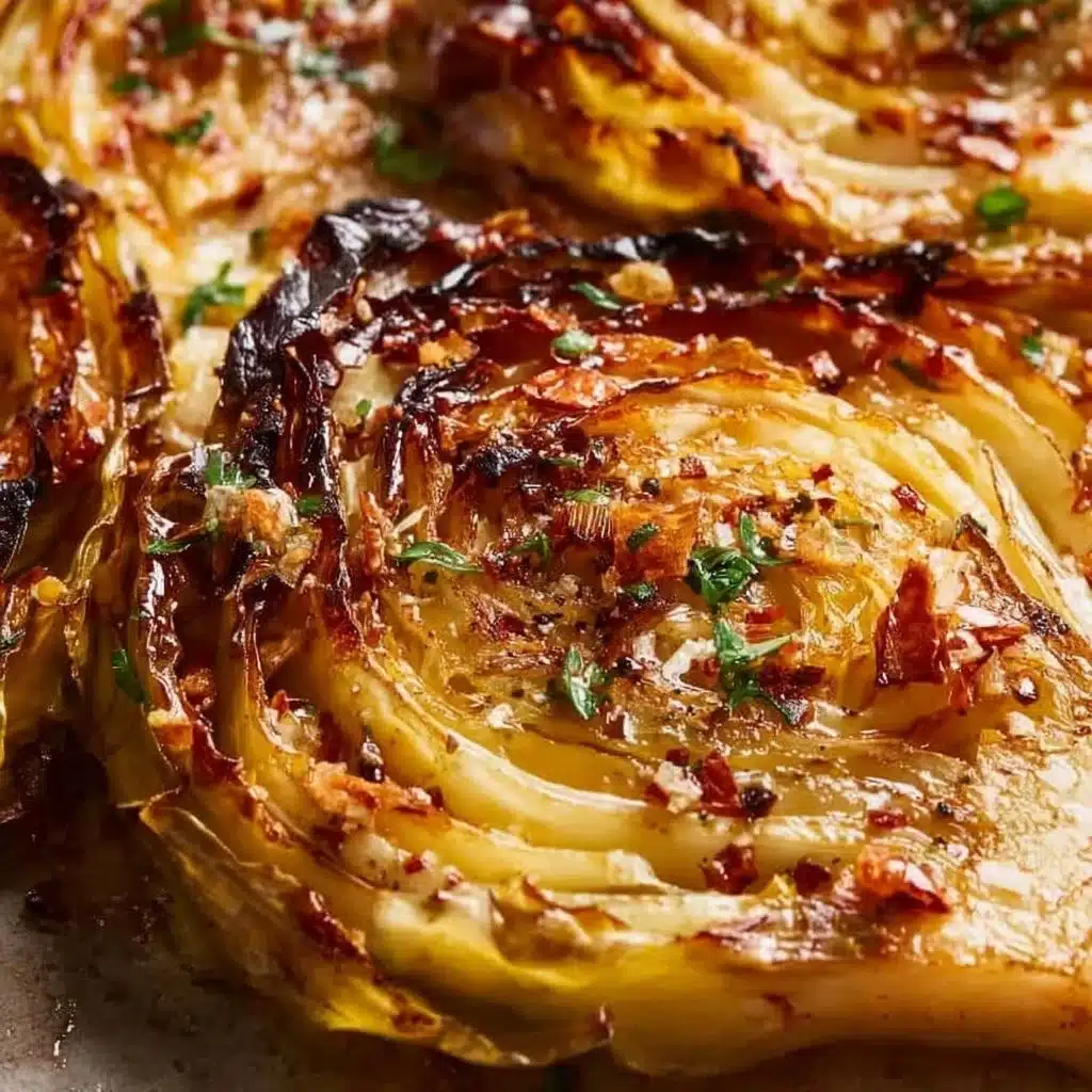 Oven-roasted cabbage slices on a baking tray