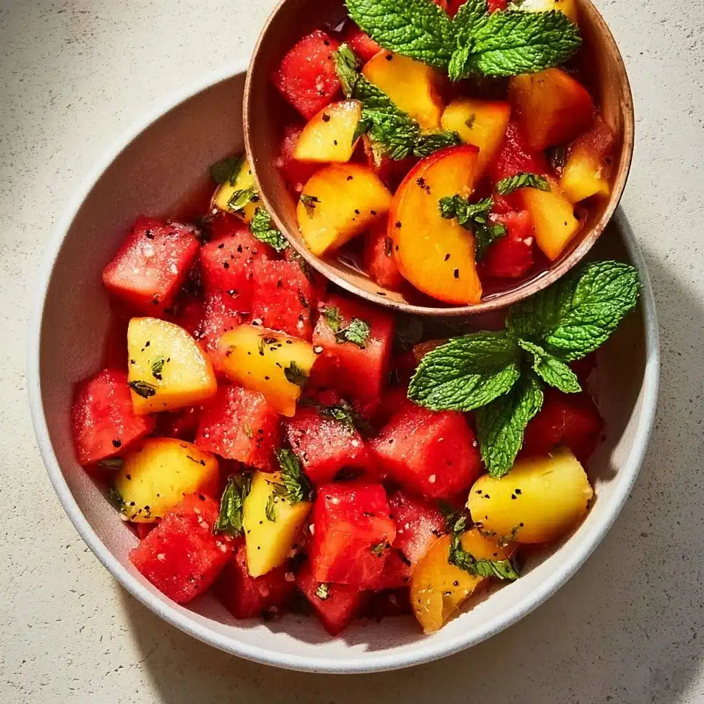 Delicious Peach and Watermelon Salad garnished with mint leaves