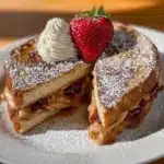 Peanut Butter and Jelly French Toast topped with strawberries and syrup