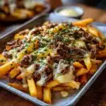 Tasty Philly Steak Cheese Fries topped with steak and melted cheese