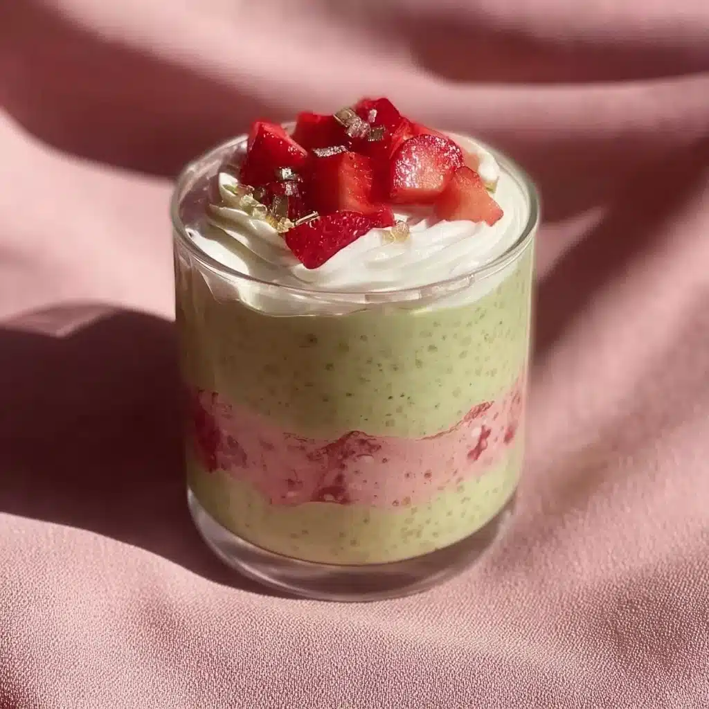 Bowl of strawberries matcha overnight oats topped with fresh strawberries