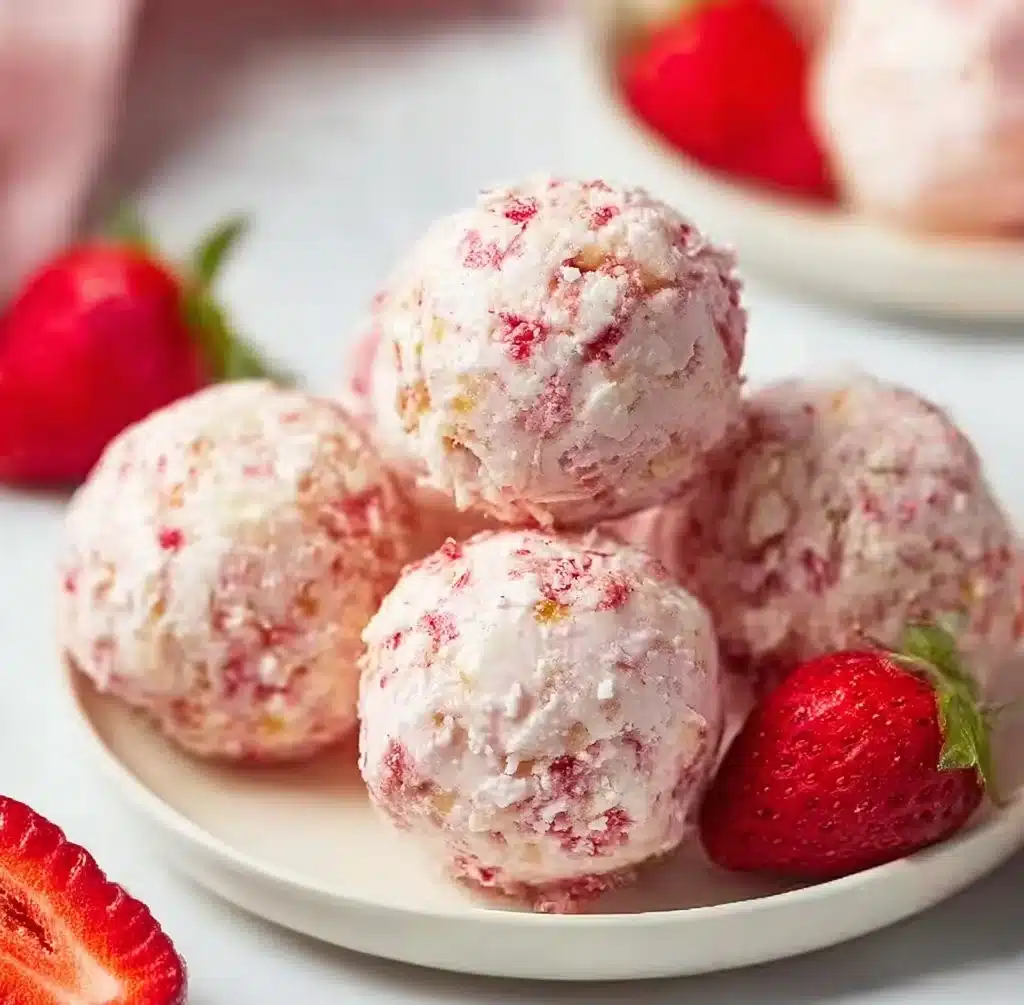 Strawberry Cheesecake Protein Balls, a healthy treat for cheesecake lovers