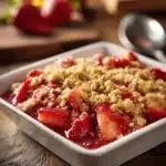 Delicious strawberry rhubarb crisp in a baking dish, topped with crumble