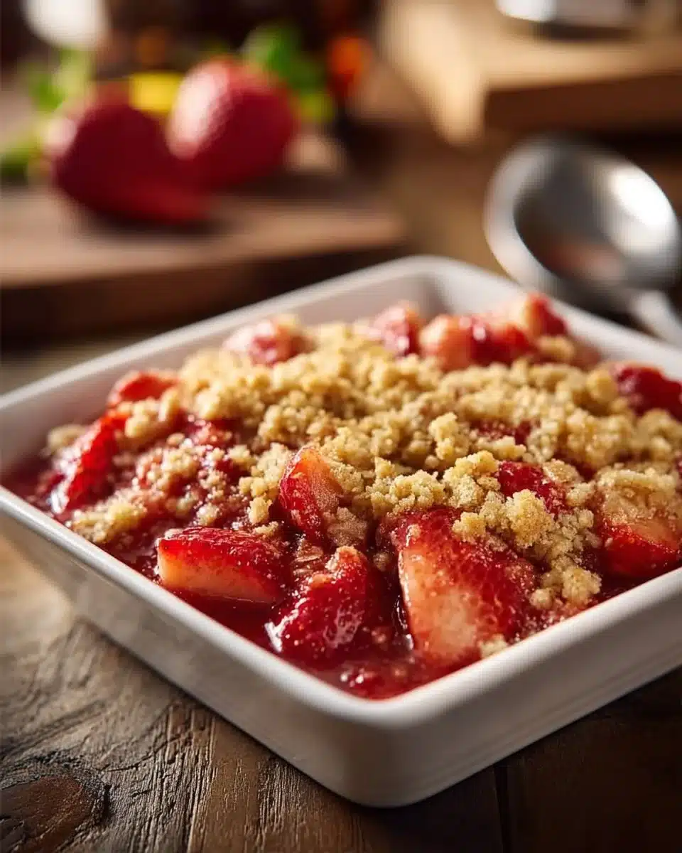 Delicious strawberry rhubarb crisp in a baking dish, topped with crumble