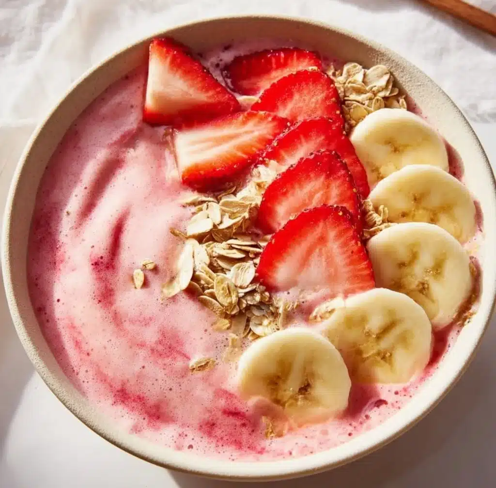 Colorful strawberry smoothie bowl topped with fruits and granola